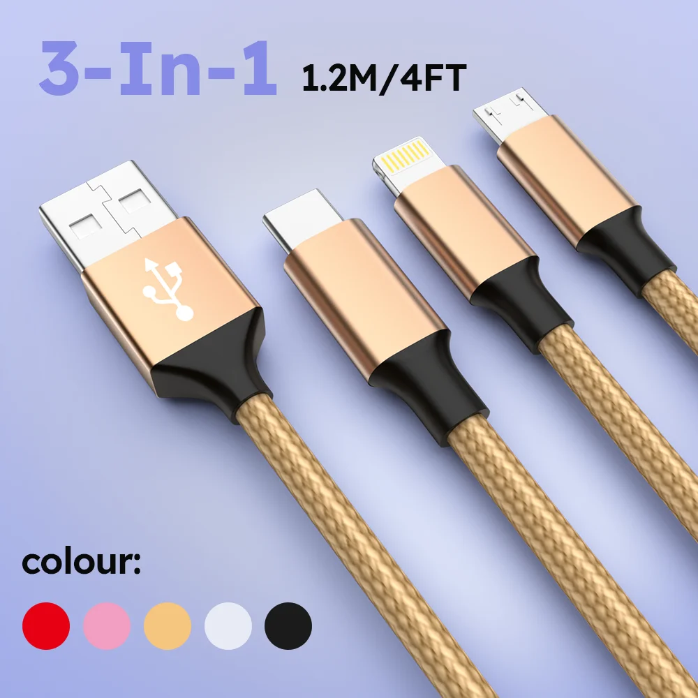 

3 In 1 USB Fast Charging Cable Type C Micro IOS Multi Charger Cable for iPhone Huawei Samsung Nylon Braided Cord