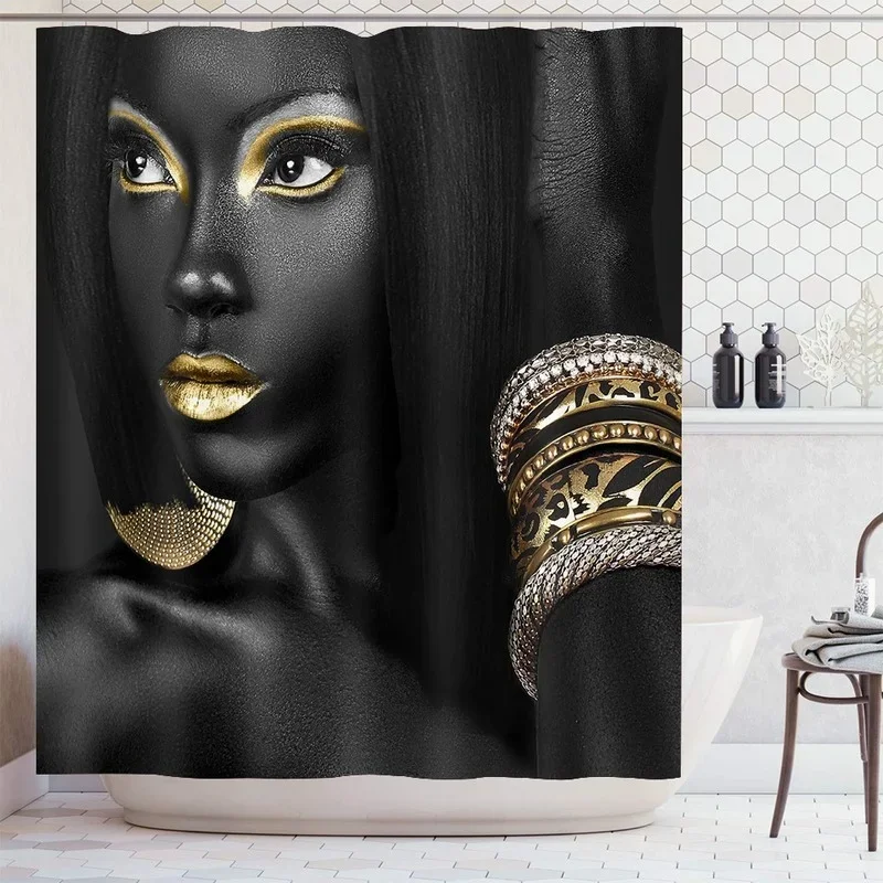 Afro Girl Shower Curtain Black Girl Golden Lips Decor Set with 12 Hooks In Washable Polyester Fabric Bathroom Accessories