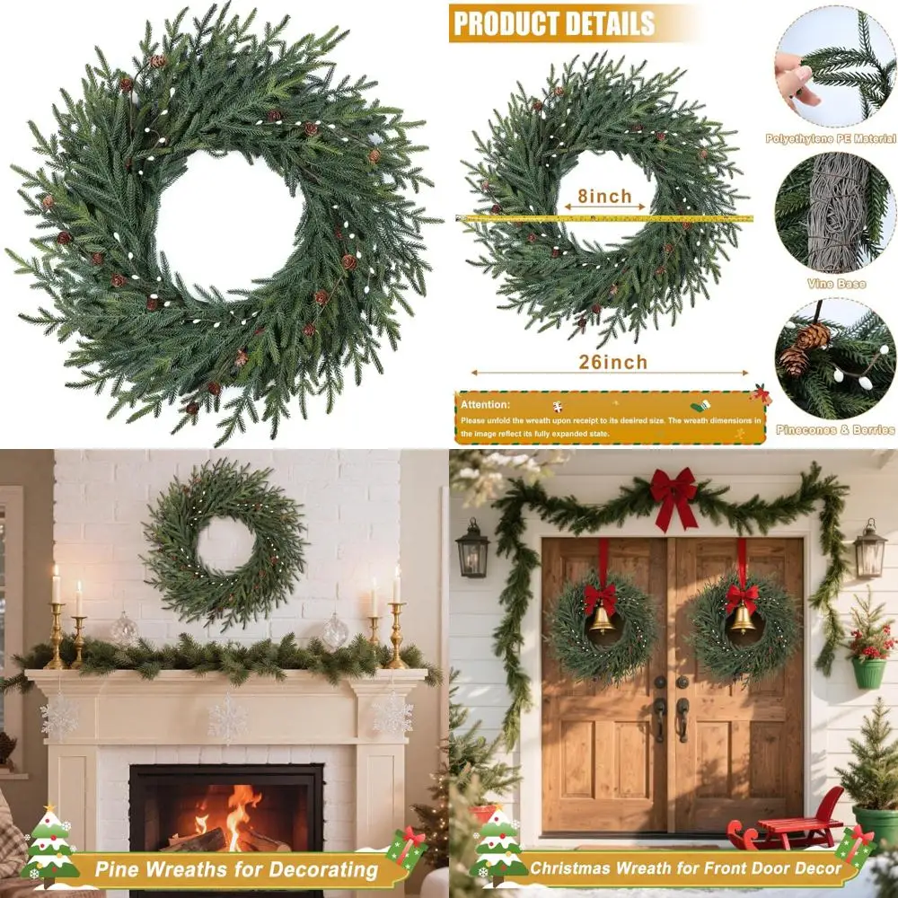 

Large Artificial Christmas Wreath with Pinecones and Berries for Front Door - 26 Inch Real Touch Pine Wreath, Perfect Holiday De