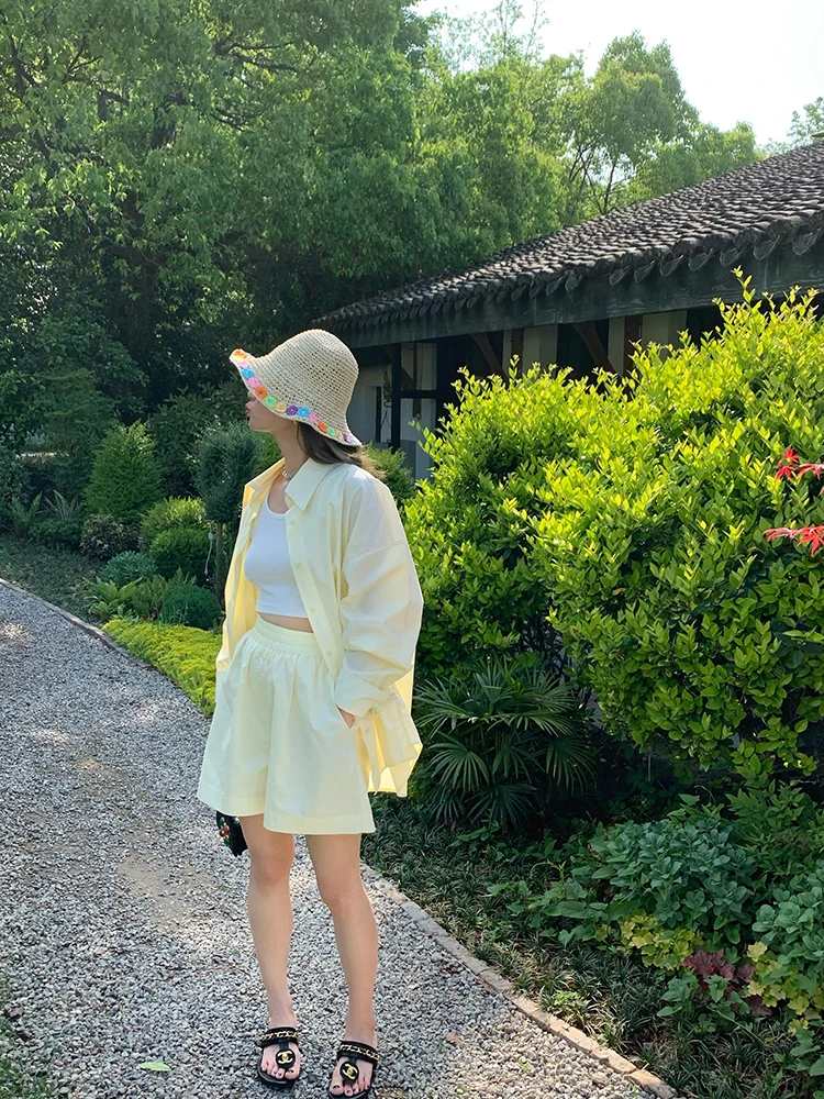 

Летний женский комплект: рубашка с длинным рукавом и широкие шорты, хлопок, повседневный стиль, для женщин 25-35 лет