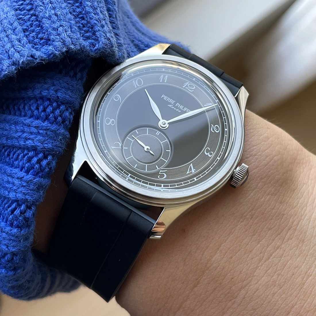 High-end heren 38MM horloge zwart geëmailleerde wijzerplaat ST17 handmatig mechanisch horloge leer waterdicht