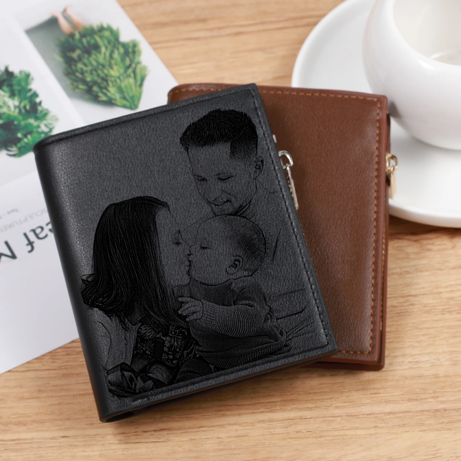 Custom Photo Wallet PU Leather with Zipper Multiple Card Slots Coin Pocket Vertical Wallet Holds Phone Cards Best Gift for Men