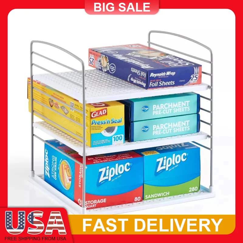 

12x12 inch Box Organizer Adjustable Shelf Kitchen Storage for Foil Wrap Bags Non Slip White Steel Plastic Cabinet Space Saver