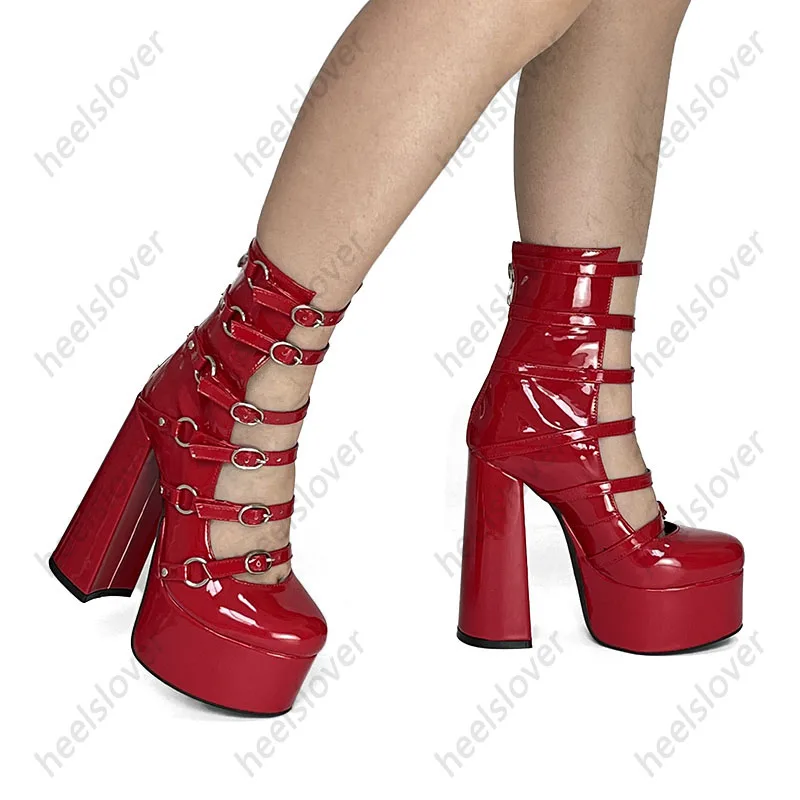 Ahhlsion جديد أنيق المرأة الربيع مضخة مشبك حزام كتلة الكعوب جولة تو رائع البنفسجي الأحمر أحذية الحفلات السيدات الولايات المتحدة حجم 5-15