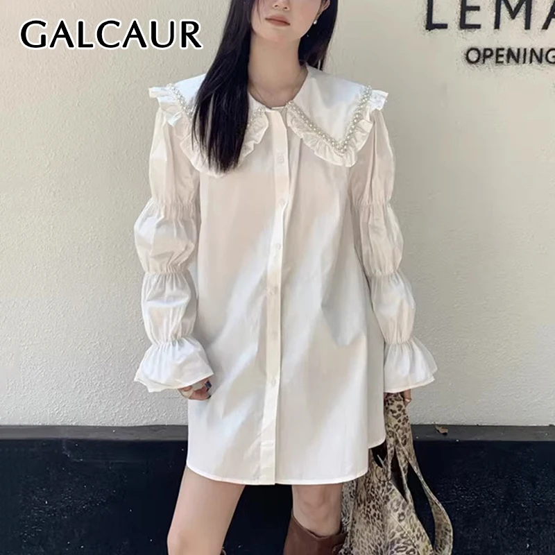 

GALCAUR Casual Sweet Designer Blouses For Women Peter Pan Collar Long Sleeve Patchwork Single Breasted Solid Style Shirts Female