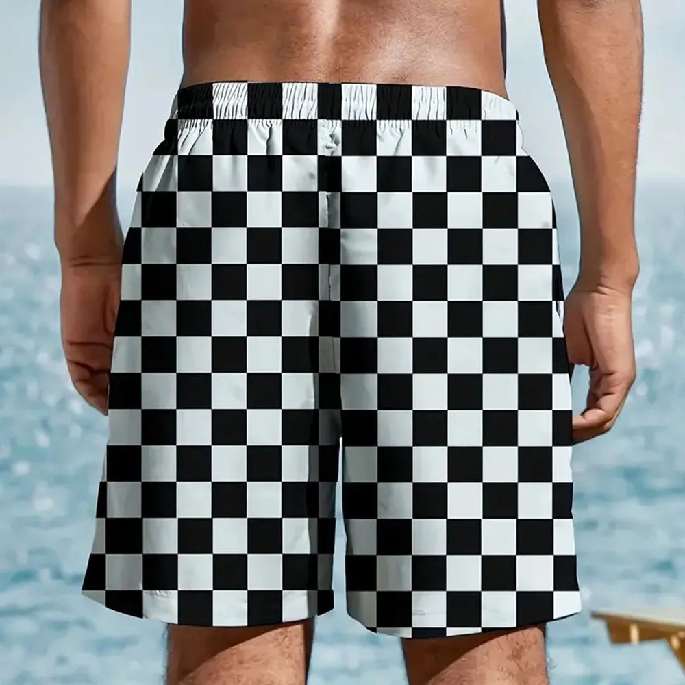 Men\'s Beach Pants Checkerboard 3D Printed Shorts Men\'s Summer Breathable Shorts Fitness Street Shorts Men\'s Ropa Hombre