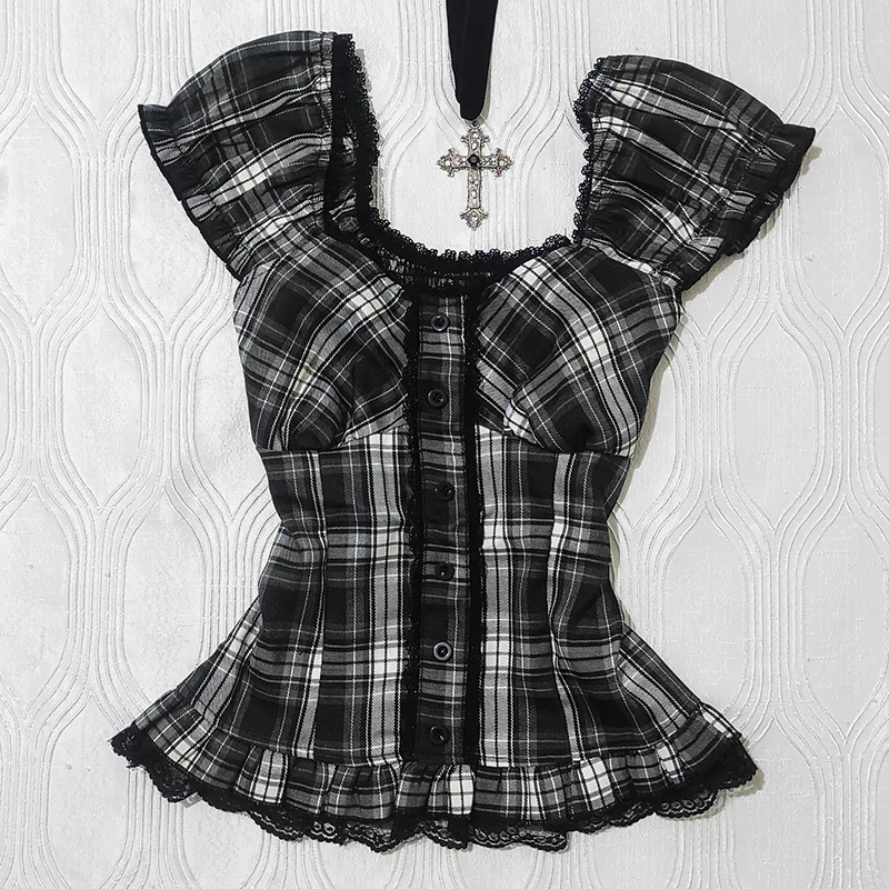 Tops de estilo gótico Y2K con cuello cuadrado para mujer, estilo retro, moda Harajuku, estilo casual de hadas, dulce y lindo, para chicas con sentimientos.