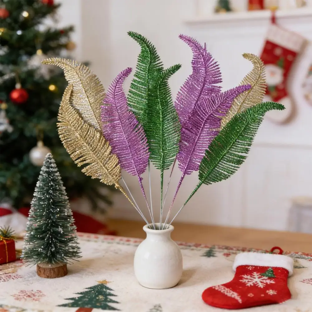 Glitter Artificial Leaf Fern Leaf Decoration Glitter Artificial Leaves with Stem Realistic Golden Green Purple Ferns Wedding