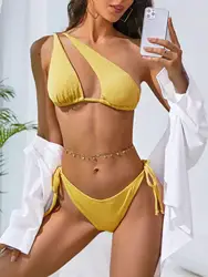 ZAFUL Bikini Set Textured One Shoulder O-ring Swimwear Women Beachwear Bathingsuit Removable Pads Wire Free Bather Swimingsuit