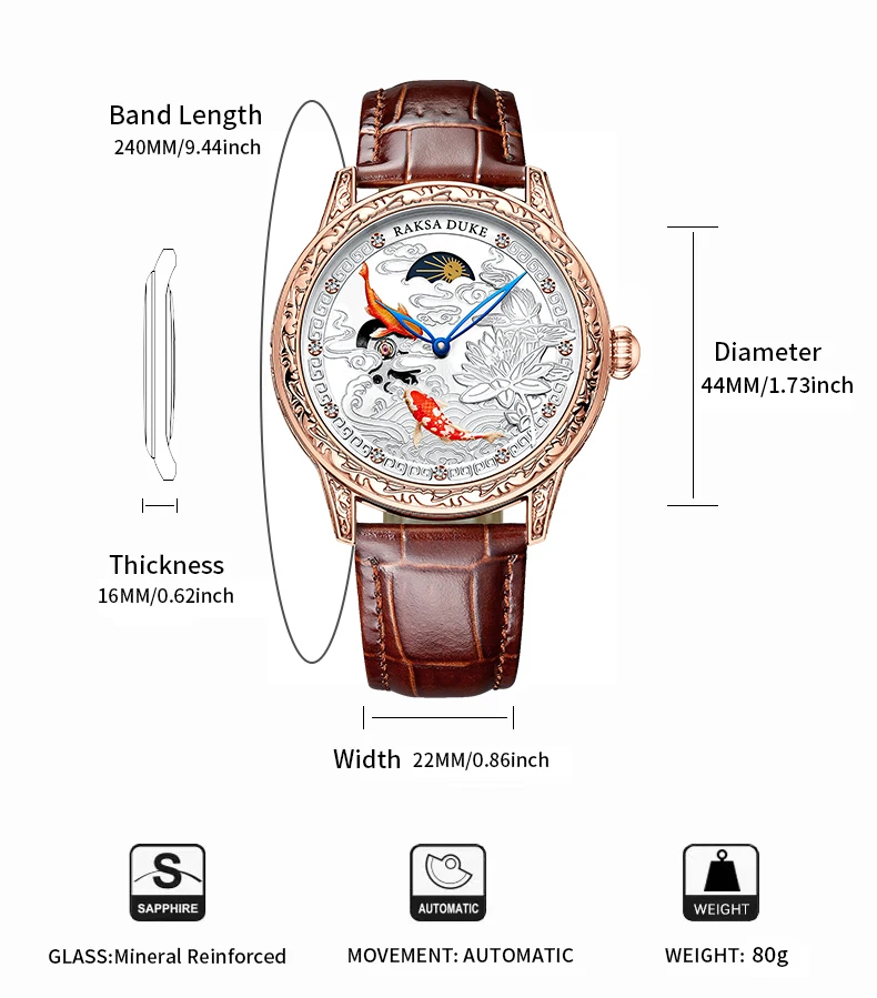 Automatyczny zegarek mechaniczny dla mężczyzn Luksusowy zegarek na rękę 3D Fish Fashion Wodoodporny zegarek z fazą księżyca