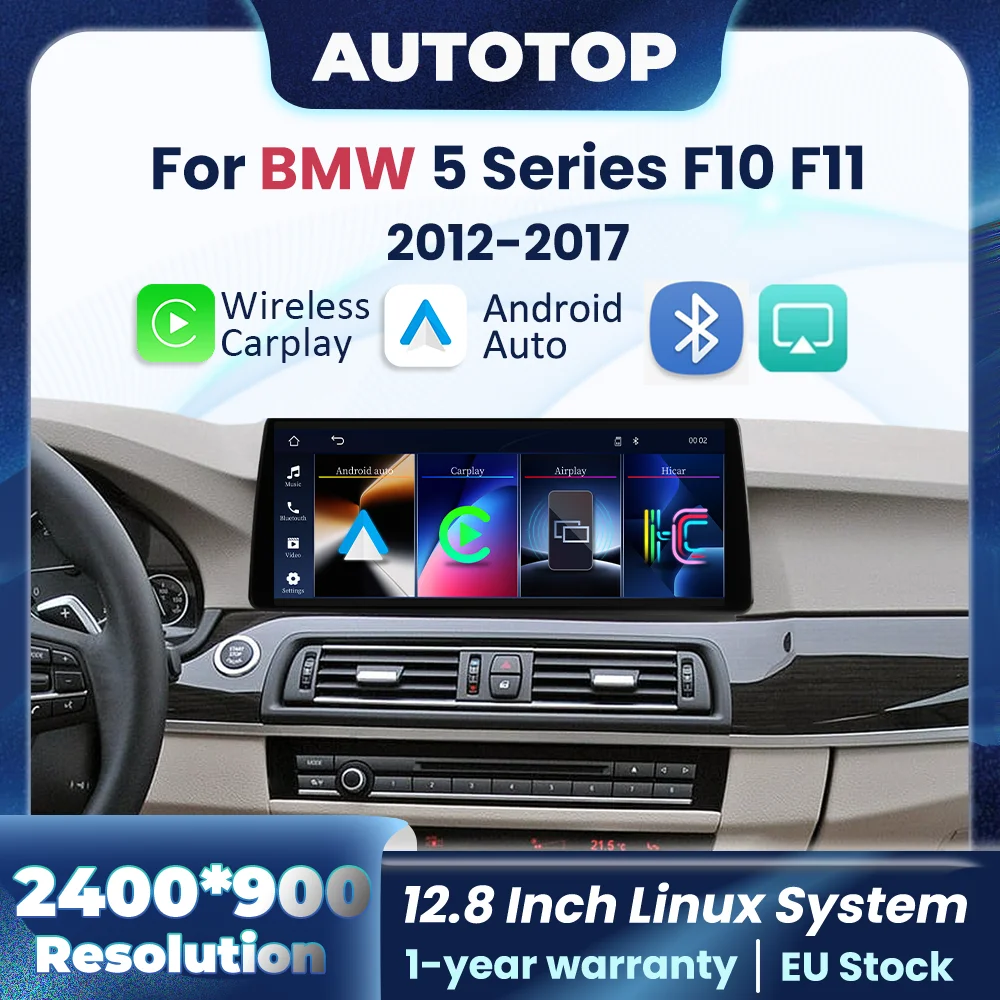 Autoradio multimédia sans fil CarPlay Android Auto, 12.8 pouces, 2400x900P, pour BMW série 5 F10 F11 CIC NBT, système GPS stéréo 2012-2017