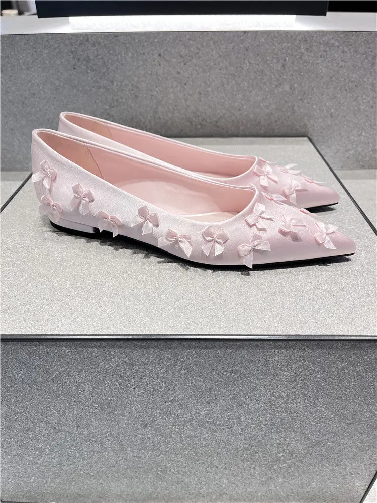 

Pink Pointed Toe Flats Fashion Bow-knot Women Casual Shoes Outdoor Cover Heels Mary Janes Slip on Dress Zapatos Mujer