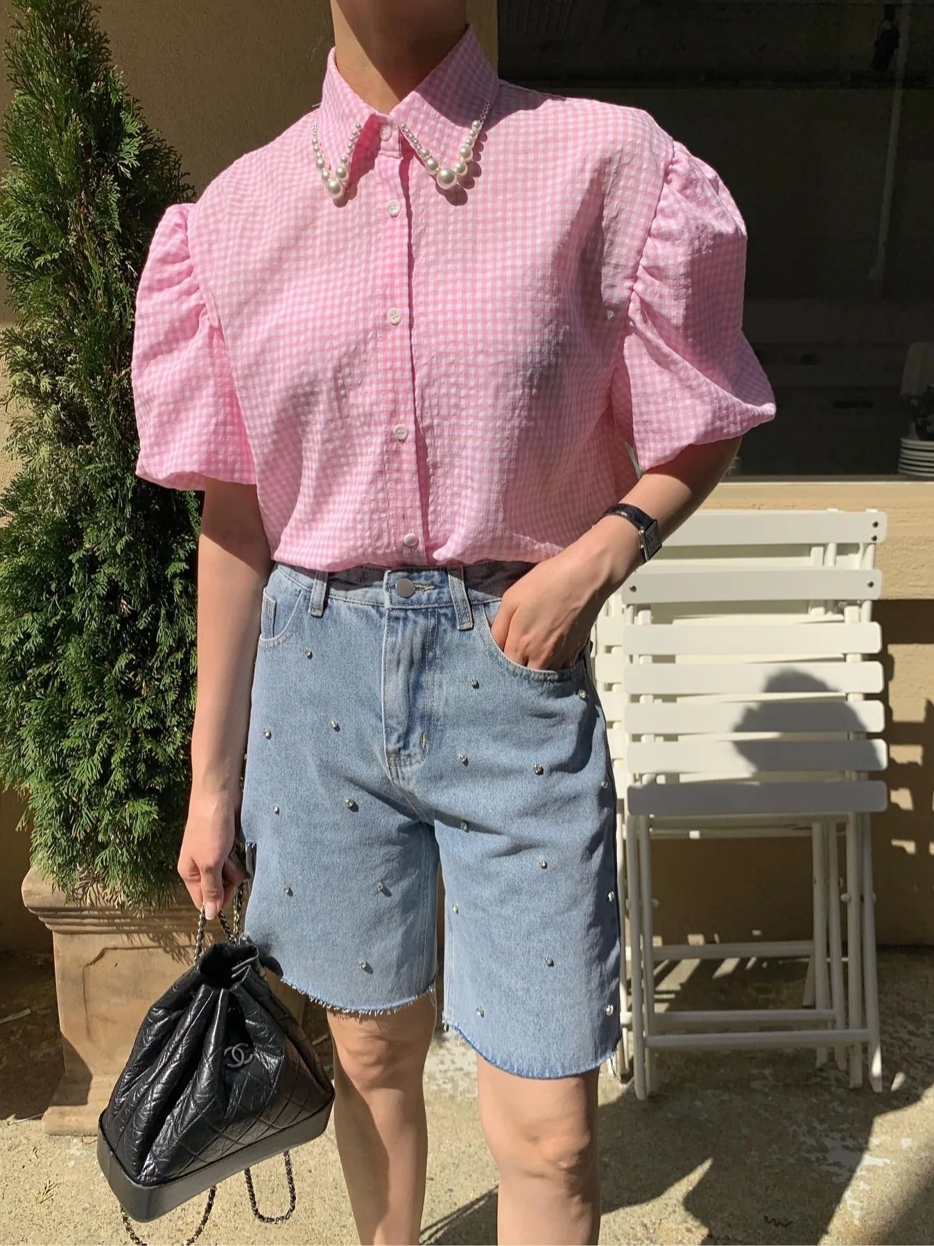 

Свободный женский топ ort Sve irt Summer Sle в клетку с жемчужным декором и отложным воротником, повседневный женский топ свободного покроя