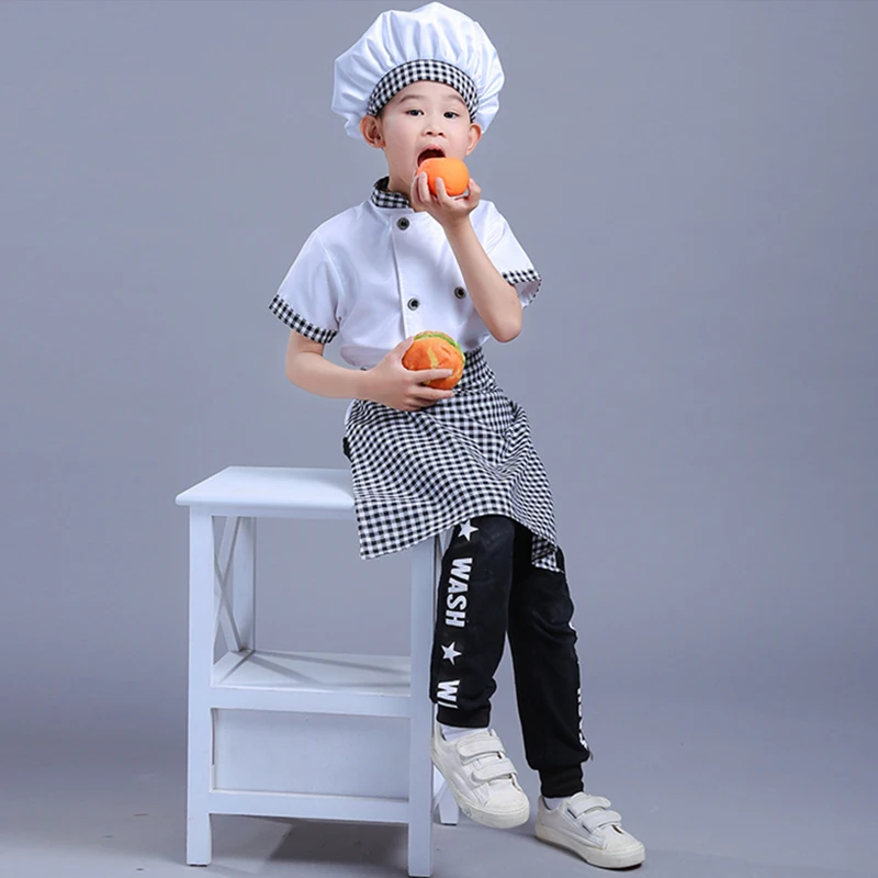 Kids Chef Jackets Kitchen Roleplay Uniform Cook Cap Restaurant Cosplay Costumes Halloween Children Waiter Waitress Aprone Suit