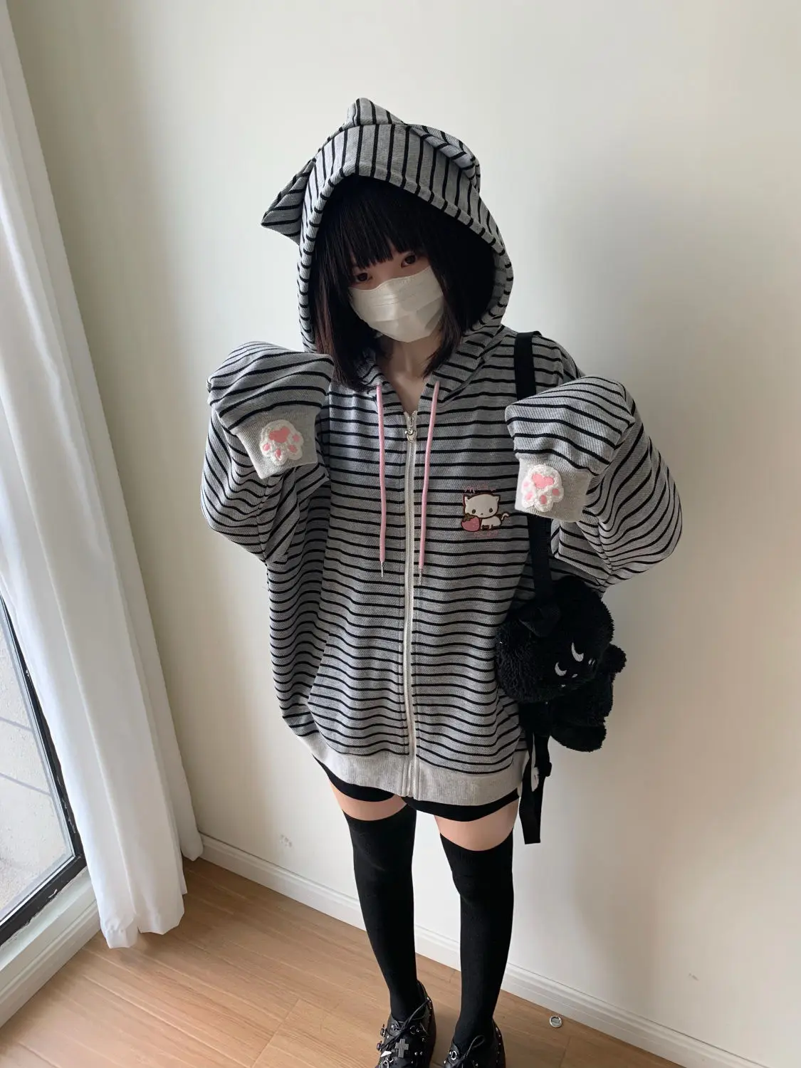 Strawberry Cat Embroidered Striped Hoodies Women Top Japanese Subculture Cute Cat Ear Black Grey Loose Harajuku Coat for Women