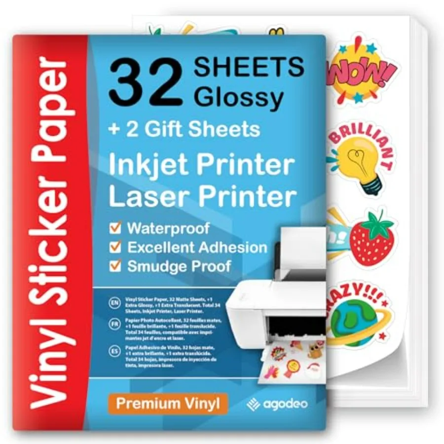 

Premium Printable Vinyl Sticker Paper for Inkjet and Laser Printer - 32 Sheets Self-Adhesive Sheets Glossy White Waterproof, Dr