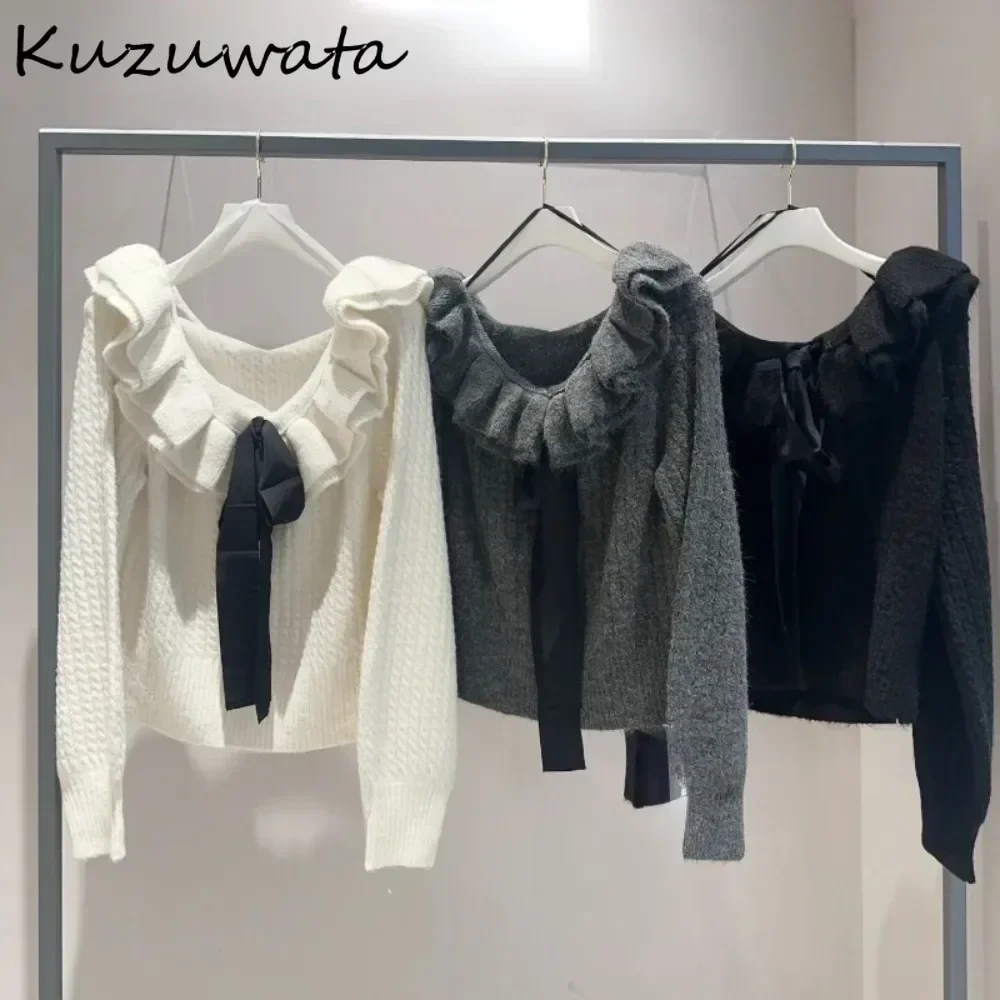 Kuzuwata Fresh Commuter Slash Neck Lantern Sleeve Pullover Ruffles Sweet Lace Up Knit Minority Jumper Japan New Twist Pull Femme