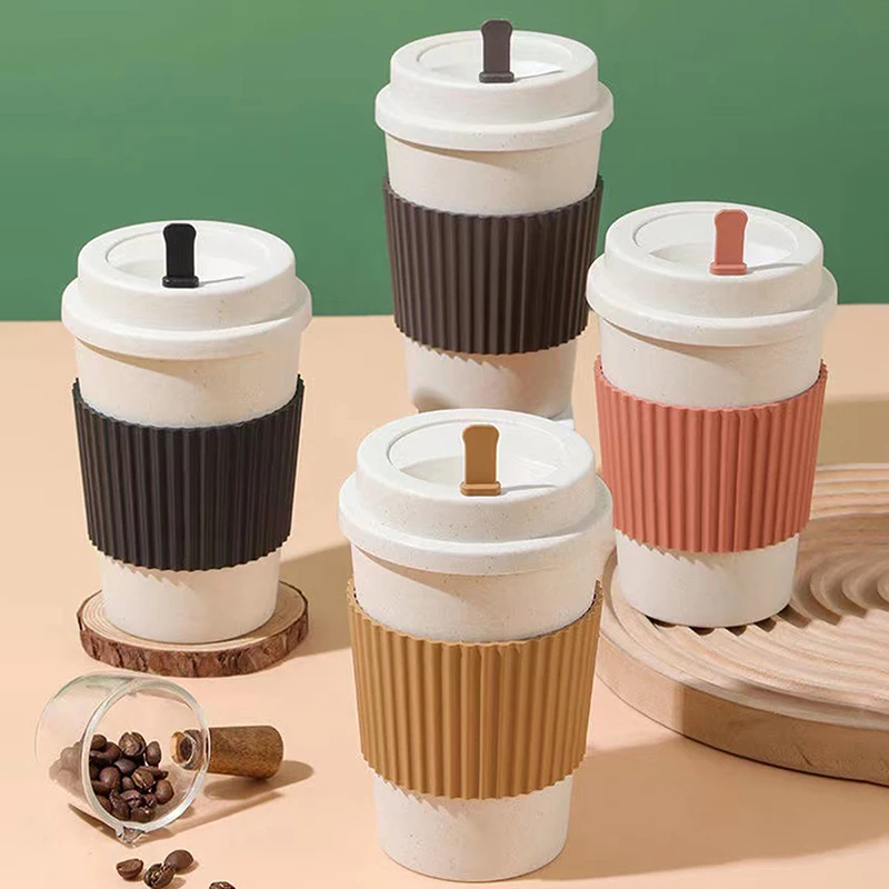 Taza de viaje portátil con tapa, taza de café de paja de trigo reutilizable, anticaída con funda antideslizante, tazas para deportes, hogar, cocina, Bar