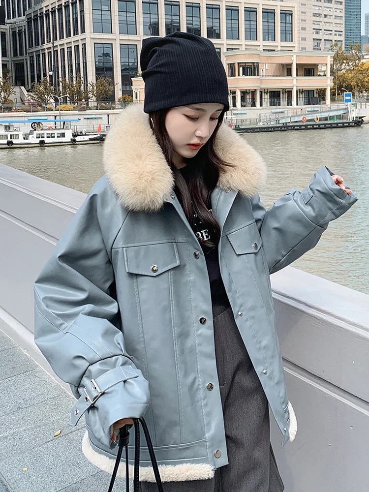 LANMREM 2024 Winter New Leather Jacket Clothing Inner Cloth Rabbit Hair Female Patchwork Warm Fashion Coat Streetwear 2DB1070