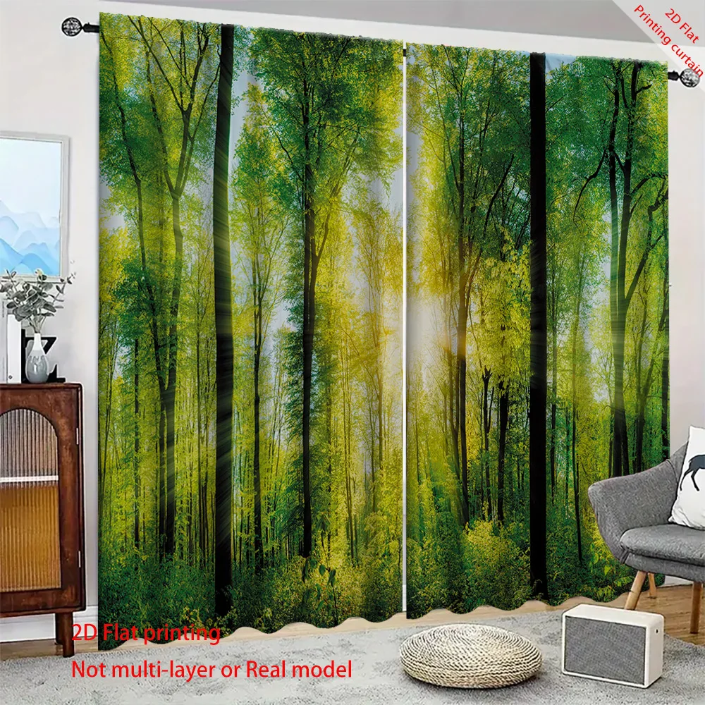 Green sunshine forest printed curtains, dreamy home decoration, suitable for living rooms, bedrooms, balconies, sunshades