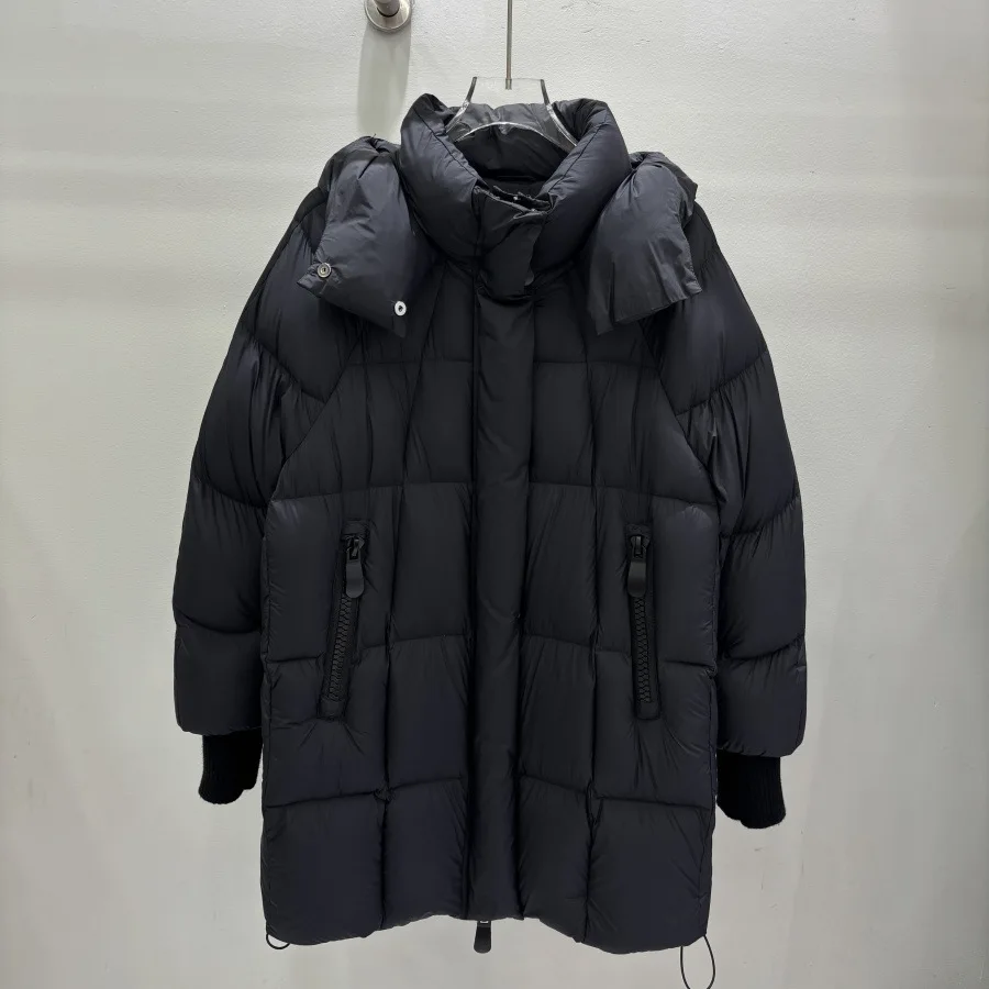 Winter Loose Mid Length Hooded Down Jacket Female Thicken Warm Drawstring Jackets Women White Duck Down Zipper Parker Outwears