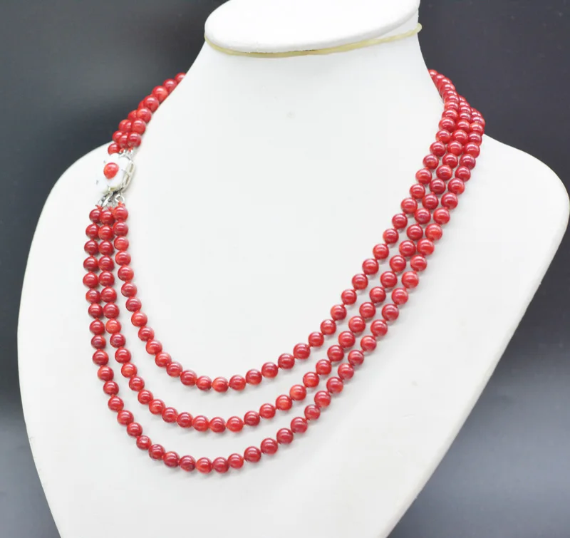 Exquisite. Pretty. sweet. 3 rows of 6MM natural red coral necklace,