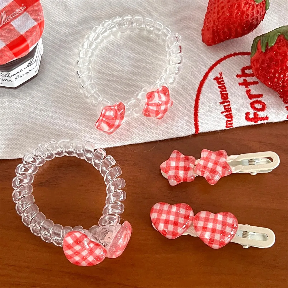 4pcs Star Heart Shape Elastic Hair Bands Red White Checked Rubber Spiral Hair Ties Korean Style Hair Accessories