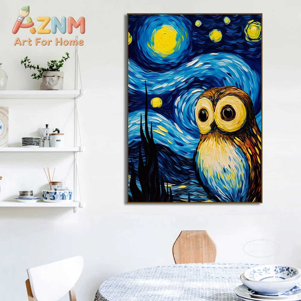 1pc framless Canvas Painting Owl Panda Raccoon Cow Tiger Cat Duck Starry Night Van Gogh Canvas Painting Abstract Posters Print W