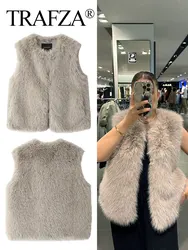 TRAFZA Winter Coat For Women O Neck Solid Artificial Fur Loose Vest Tops Female Chic Wild Streetwear Woman Waistcoat Top Trendy