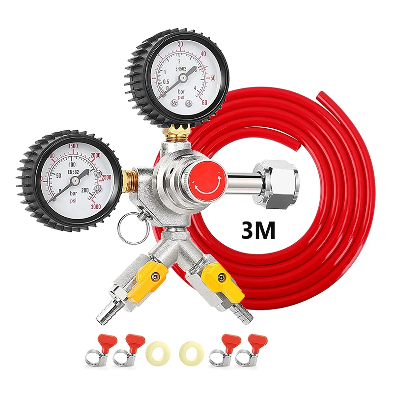 Y-Shaped Co2 Regulator with 3M Co2 Tube, CGA320 Dual Output Co2 Regulator with Safety Valve Beer Keg Charger for Beer Brewing