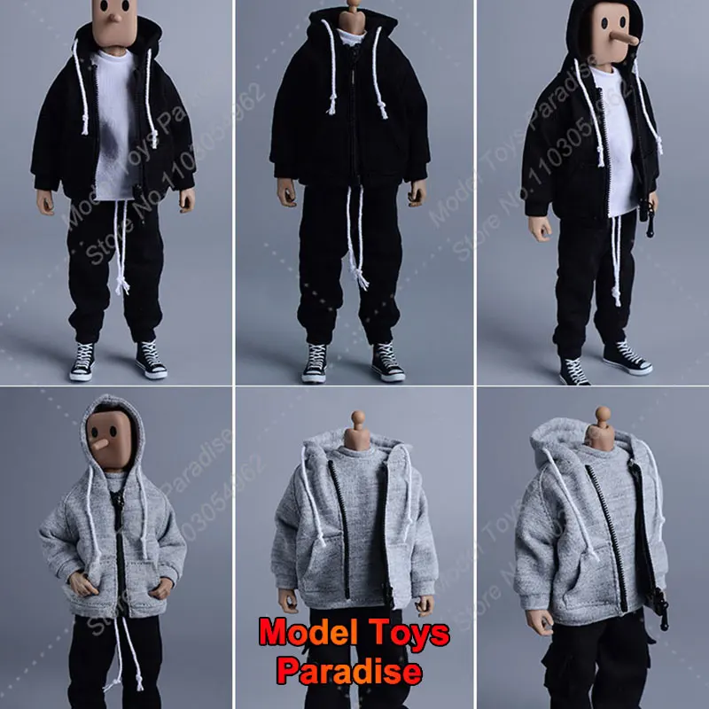 06FS045 1/12 Men Soldier Clothes Set Hooded Zippered Sports Jacket Casual Drawstring Guard Pants Fit 6'' Action Figure Body