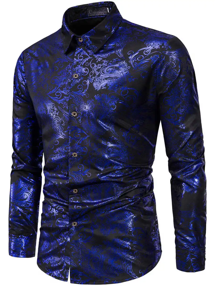 

Men's Long Sleeve Paisley Print Shirt - Royal Blue on Black, Formal & Party Wear