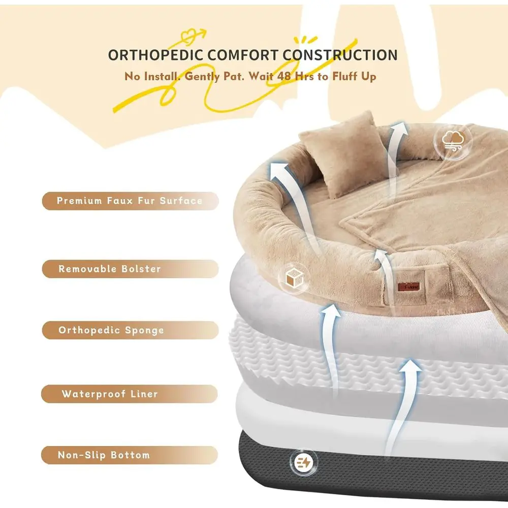 سرير كلب كبير لتقويم العظام مع وسادة وبطانية، فرو صناعي قابل للغسل، غطاء قابل للإزالة، 73x56x12 كاكي