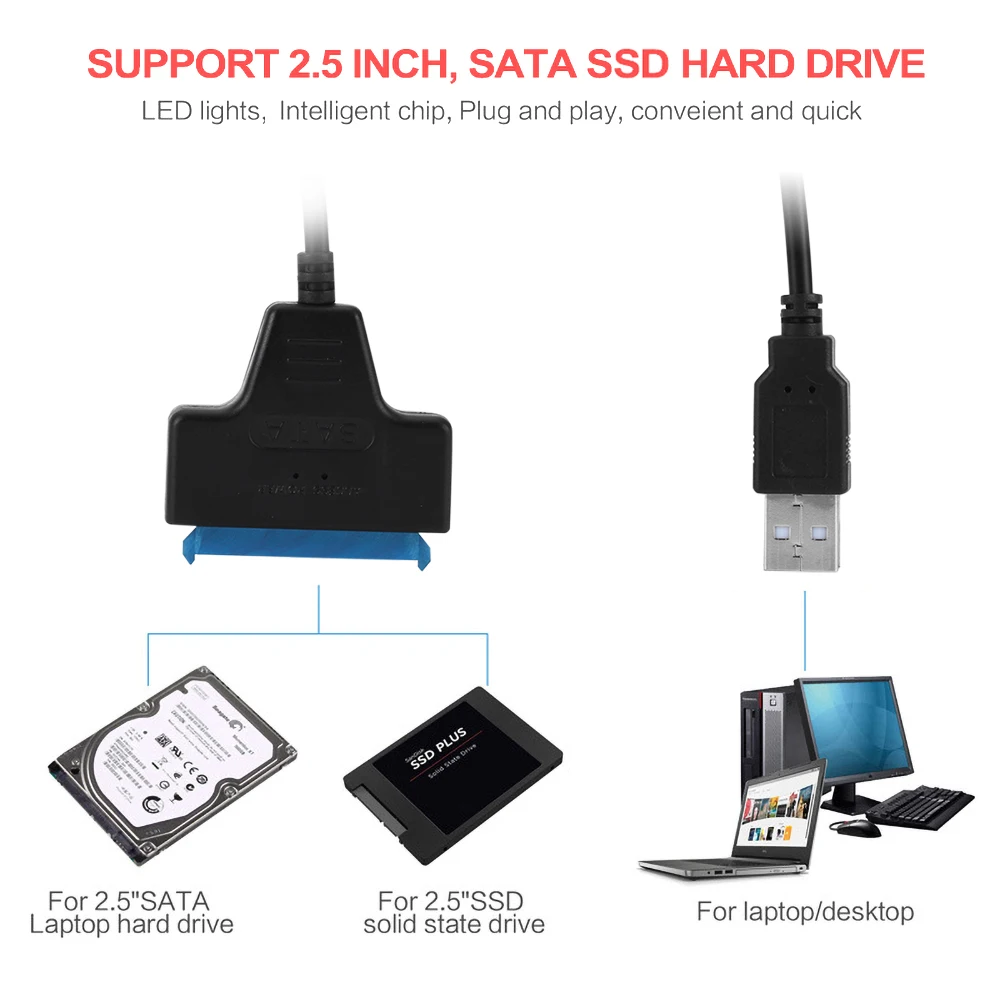 Kebidu USB 2.0 to SATA 22Pin Adapter Cable 480Mbps SATA 22Pin USB 2.0 Data Cable For 2.5 inch SSD