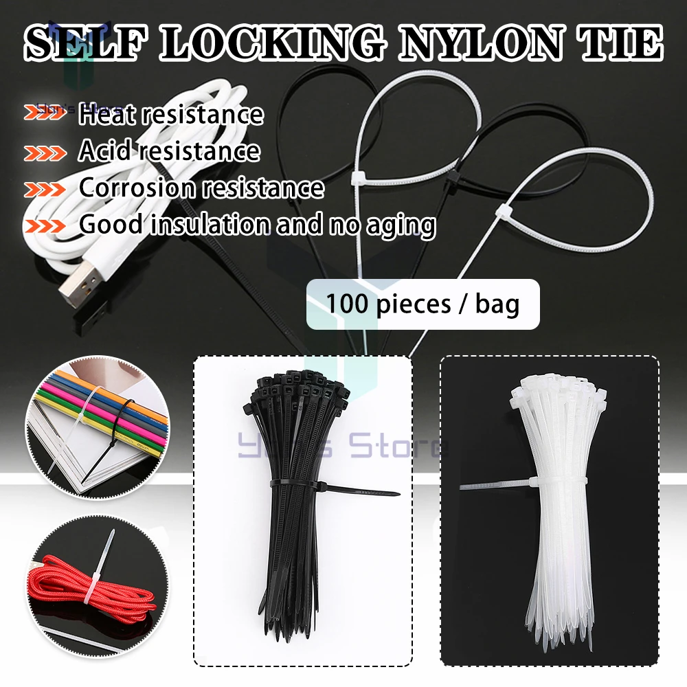 Tự Khóa Nhựa Nylon Thắt 100 PCS Đen 10Cm 15Cm 20Cm Thắt Cách Đi Vòng Khóa Kéo đeo Dây Nylon Buộc Bộ