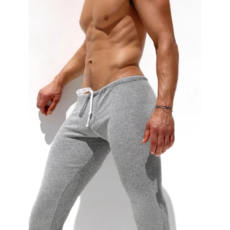 

Men 2024 Sleepwear Breathable Soft Thin Pants Casual Men's Skinny Trousers Beach Slim Solid Drawstring Elastic Knitted Pants