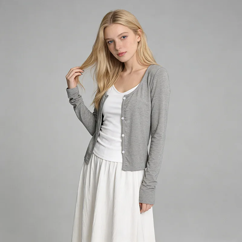 

Весенний женский приталенный серый вязаный кардиган с длинным рукавом, повседневная свободная верхняя одежда 2026