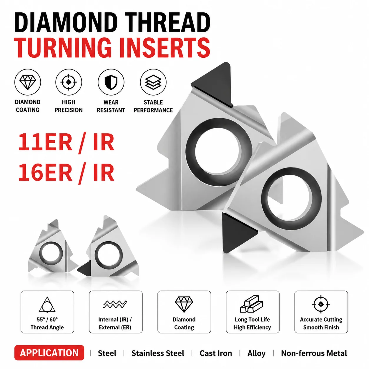 

10pcs 11ER A55 A60 16ER A55 A60 11IR 16IR AG55 AG60 PCD CBN Threaded Diamond Thread Turning Inserts for Aluminum Lathe Tools
