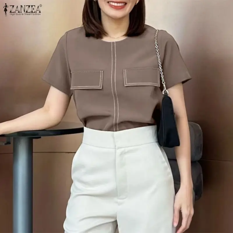 

Женские блузки ZANZEA с коротким рукавом, круглым вырезом и контрастной строчкой, пуловеры, летние однотонные топы в стиле карго 2026 года