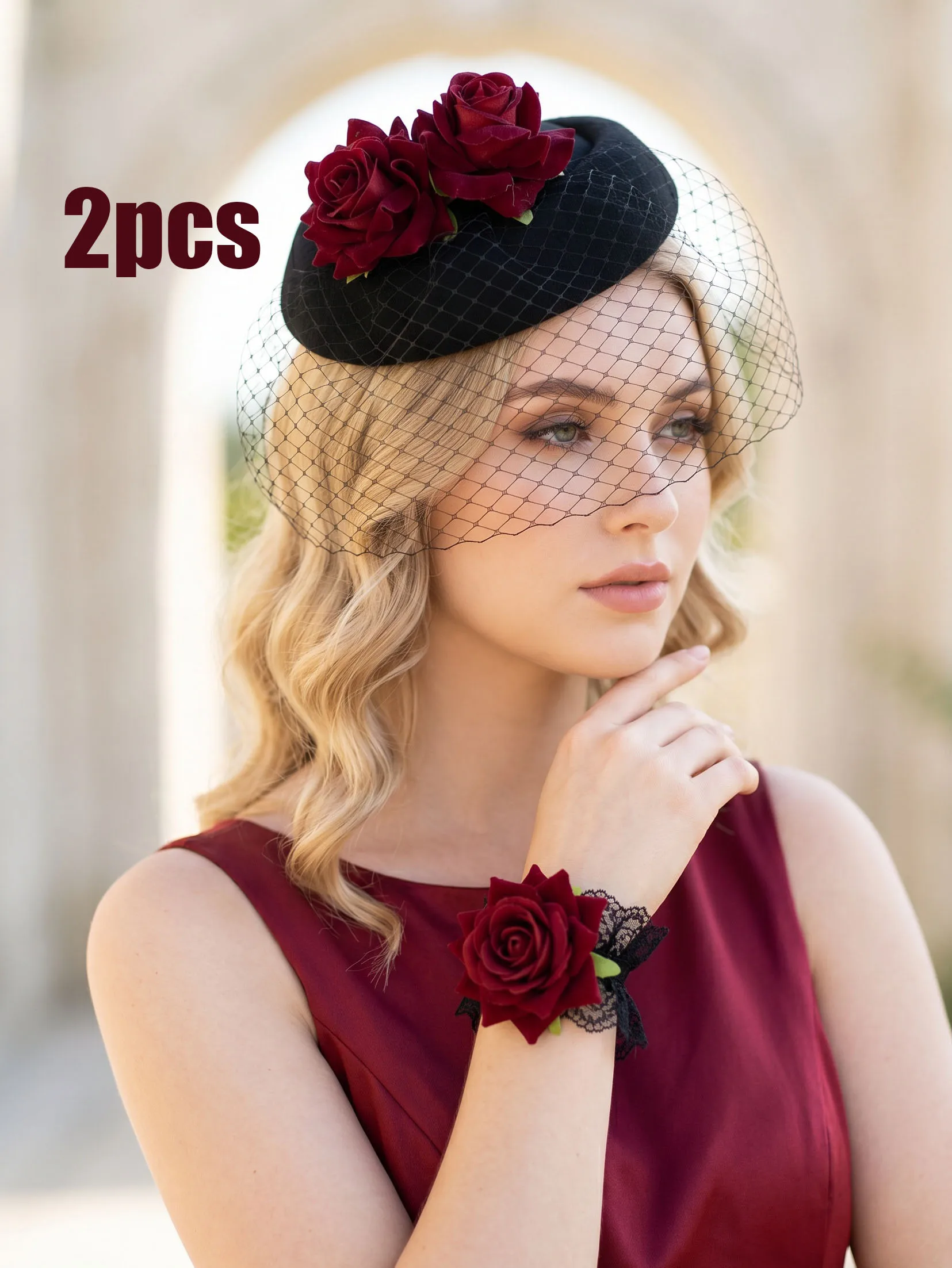 2Pcs Adult Vintage Red Rose Hat Hair Clip Lace Wrist Corsage Set Halloween Dark Wedding Party Costume Accessories