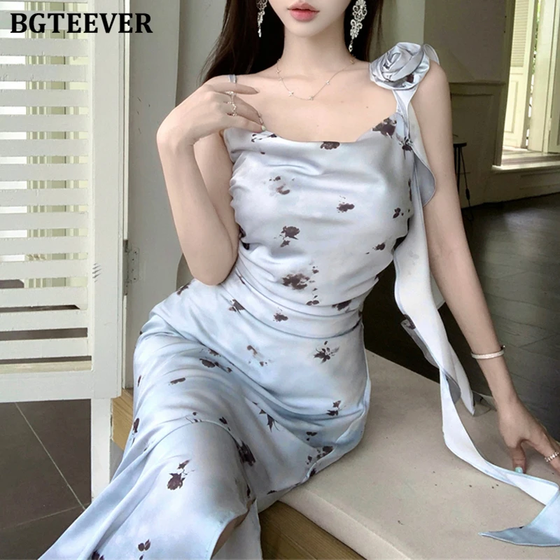 Bgteever elegante verão magro senhoras cinta de espaguete bodycon vestido impresso elegante feminino sem mangas pacote hip vestido floral