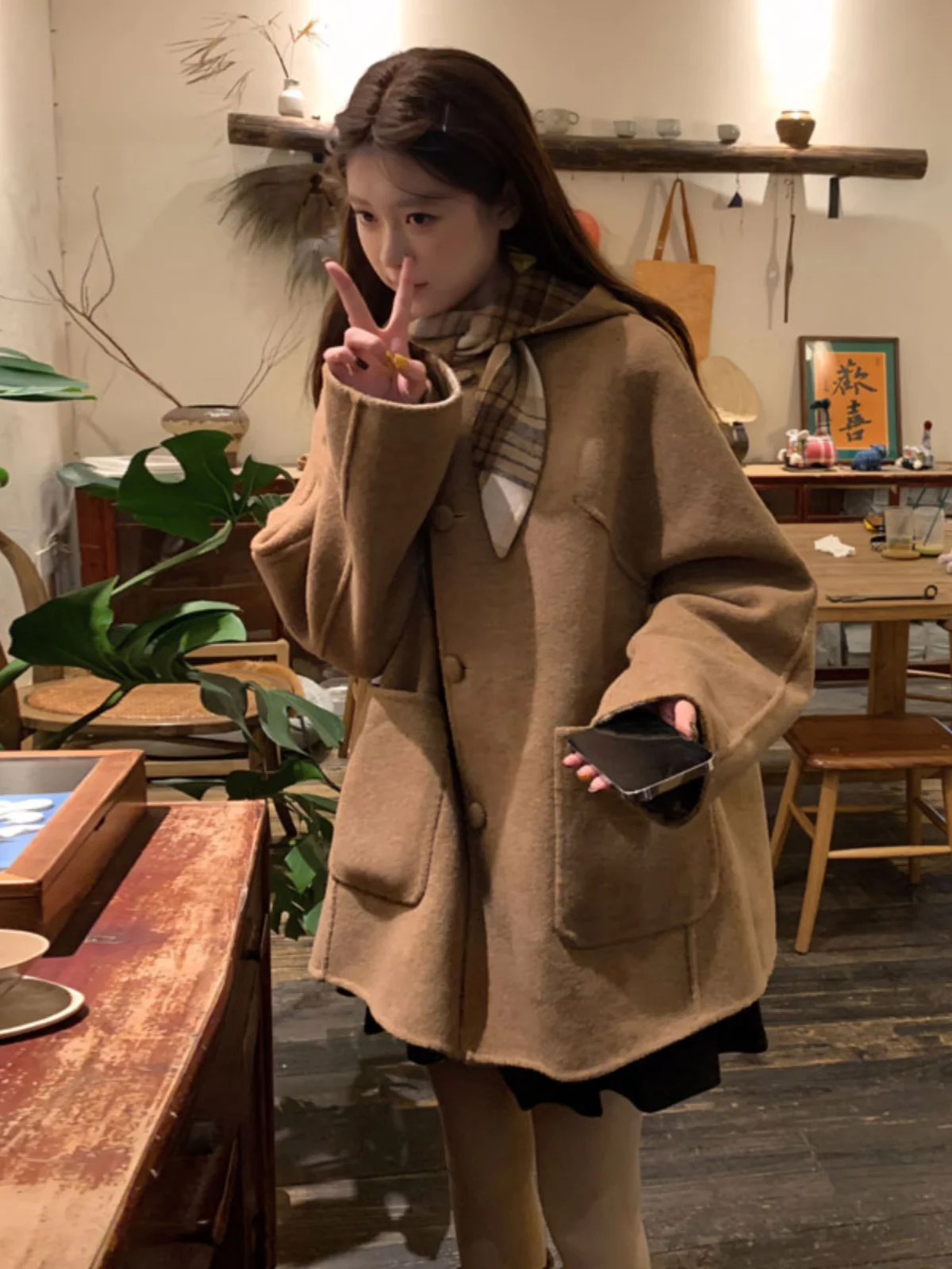 

Ретро двустороннее шерстяное пальто с капюшоном средней длины в корейском стиле, прямого кроя, женская верхняя одежда, модный тренд, куртка