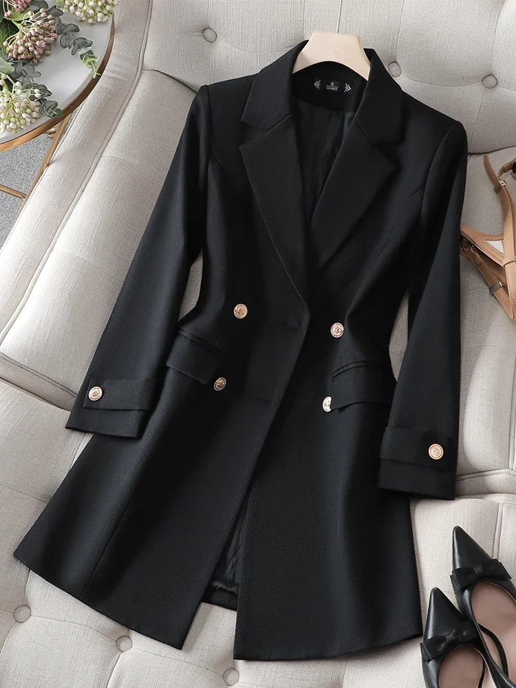 Autumn Winter Long Formal Blazer Jacket Women Khaki Brown Black Office Ladies Female Business Work Wear Coat REF-2023