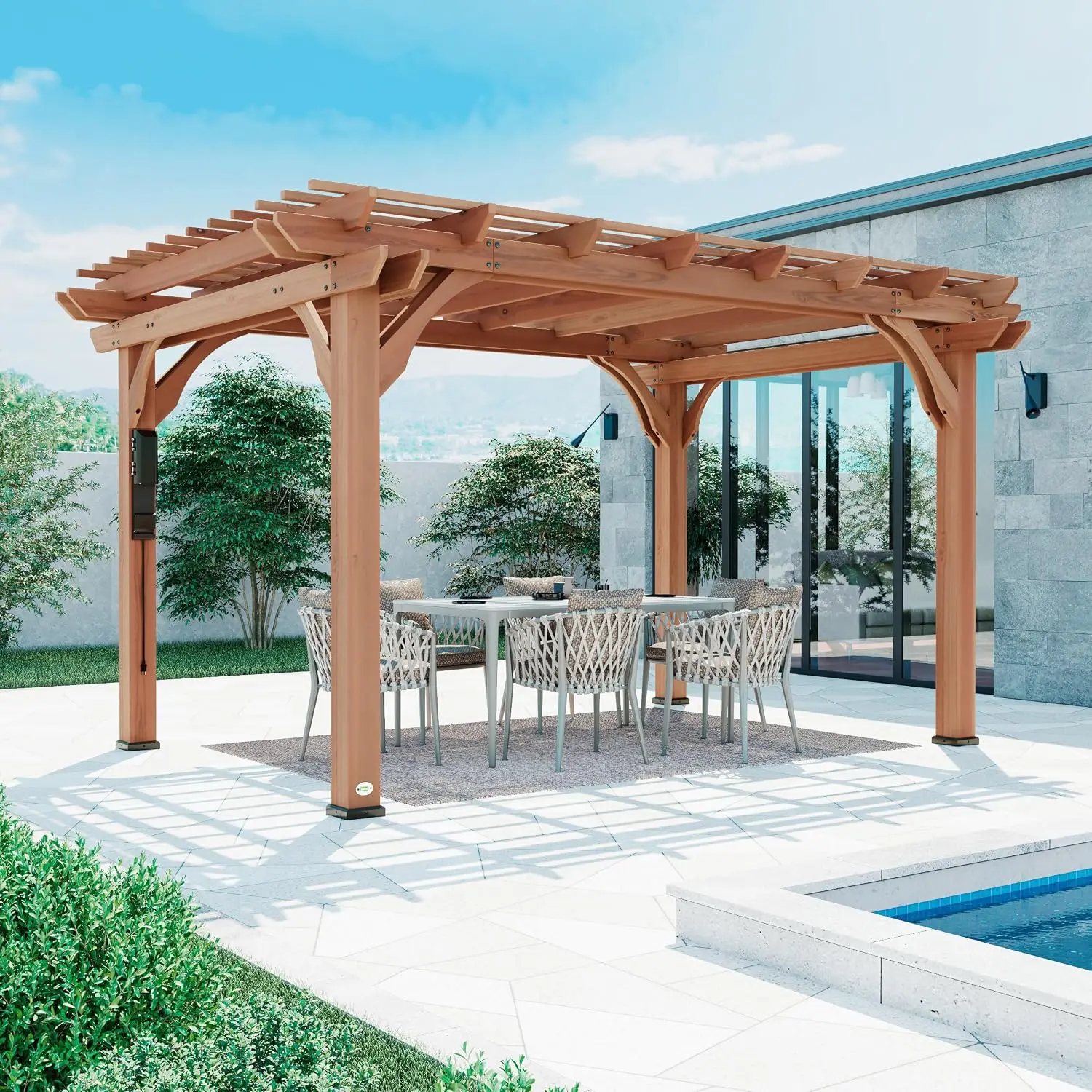 Beaumont 14' x 10' Traditional Cedar Wood Pergola Kit with Trellis Roof, All-Season Durability, High-Wind Rating, PowerPort, Sha