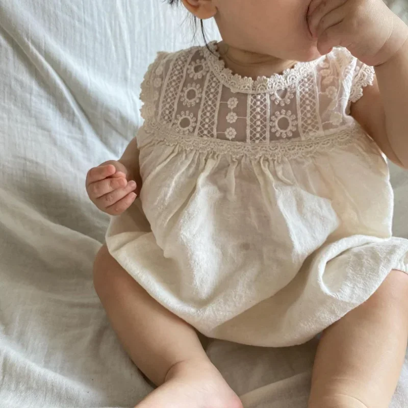 Baby Onesie 2023 Summer Lace Flower Collar Short Sleeve Thin Casual Simple New Fashionable Baby Soft Sweet Cute Romper