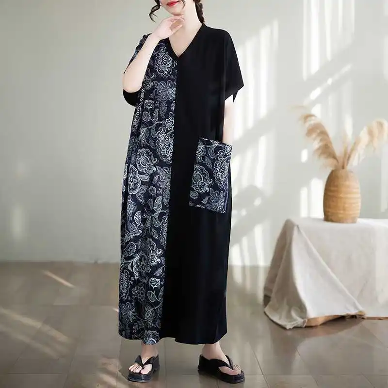 빈티지 v 넥 꽃 패치 워크 맥시 드레스 반팔 플러스 사이즈 여성 의류 여름 캐주얼 롱 드레스