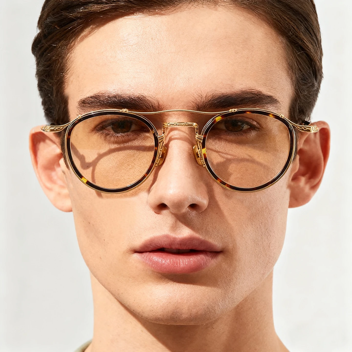 Light Luxury High-Quality Leopard Print Acetate Glasses, Round Pure Titanium Eyeglass Frames, Light Luxury Double Bridge Fashion Plain Glasses, Can Be Fitted with Prescription Lenses