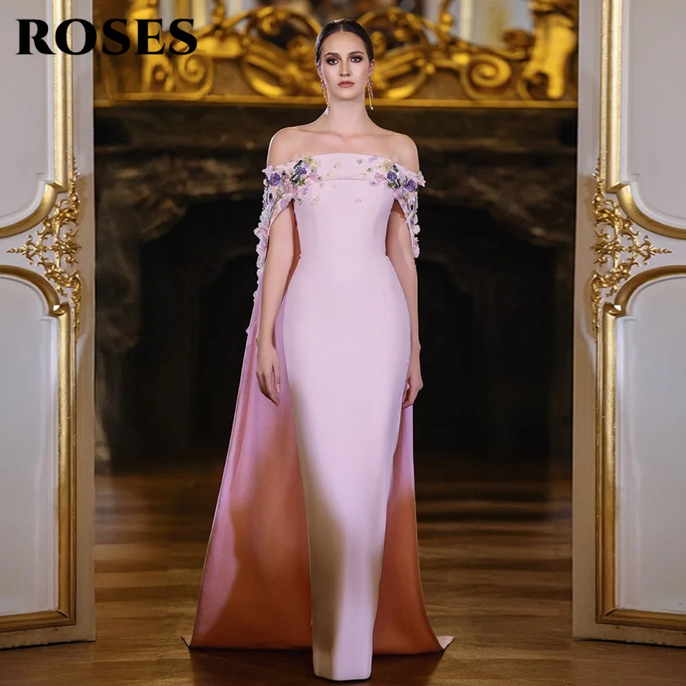 

ROSES Pink Romantic Prom Dress Off The Shoulder Satin Formal Occasion Dresses with Floral Embellished Cape Sleeves Customized