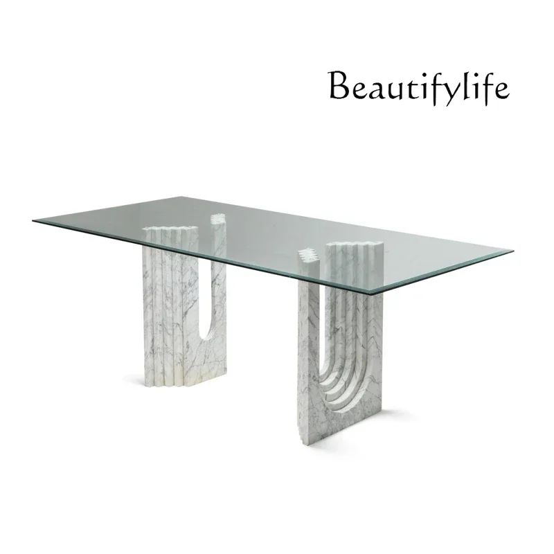 X Italian minimalist marble dining table rectangular household simple tempered glass countertop large table
