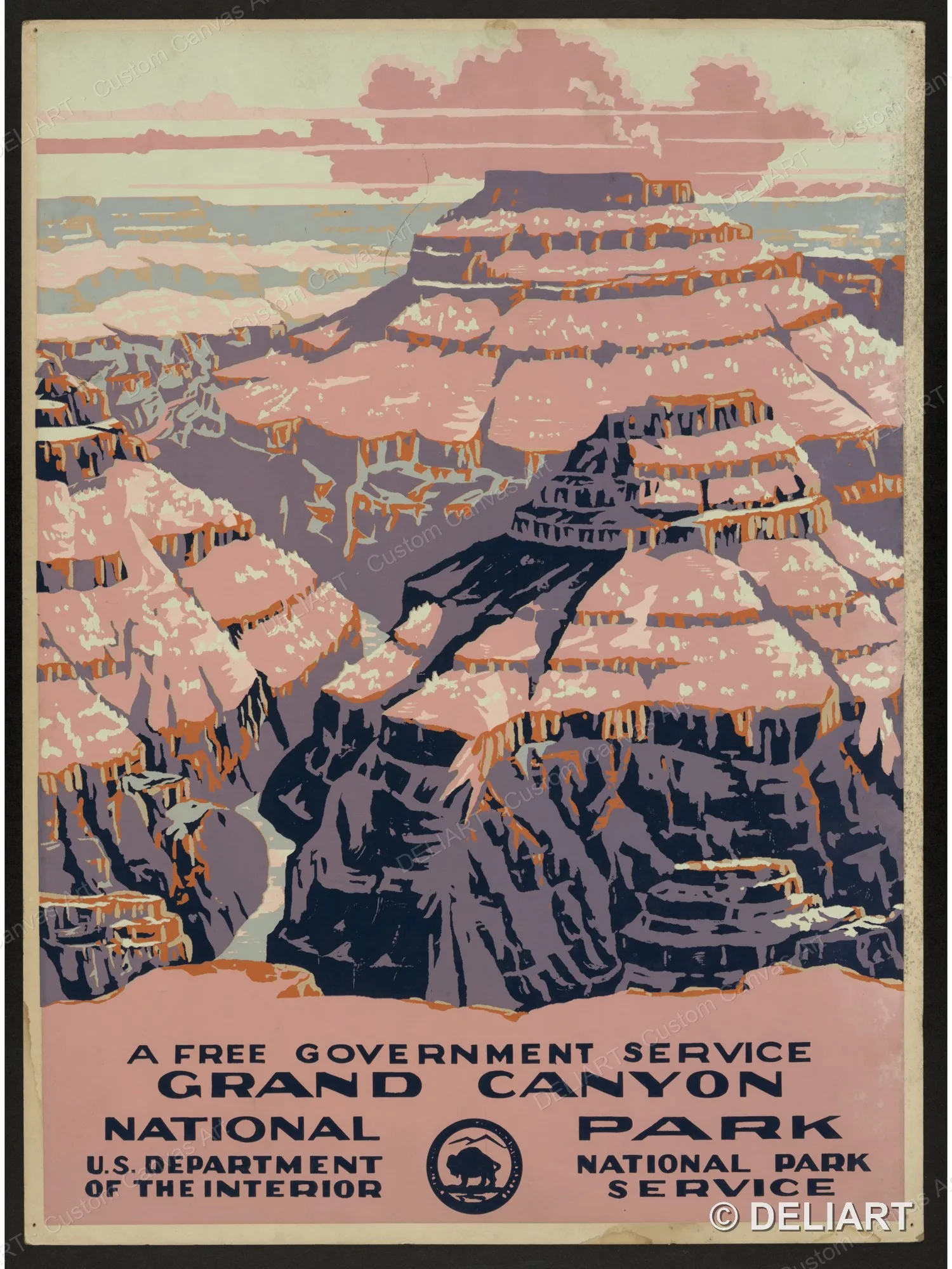 Grand Canyon National Park, a free government service Vintage WPA National Park Travel Canvas Wall Art Poster Print Unframed